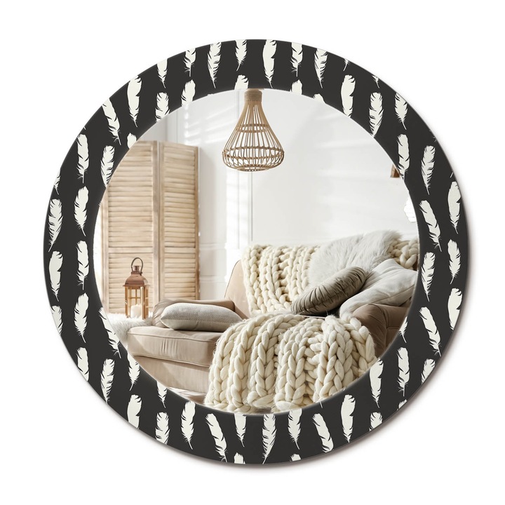 Kör Alakú Fali Tükör Nyomtatással, Decormat, Fekete-Fehér Tollak, Fekete, Ø60 cm, Lakásdíszítő Fali Tükör,, 010090550090300011636