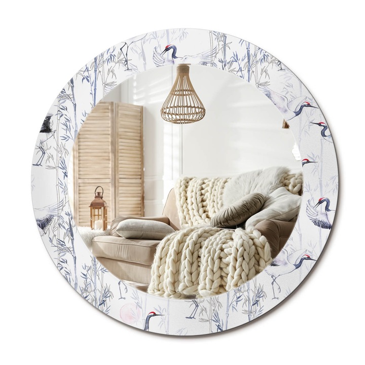 Kör Alakú Fali Tükör Nyomtatással, Decormat, Daru Madarak, Fehér, Ø60 cm, Lakásdíszítő Fali Tükör,, 010090550090300011561
