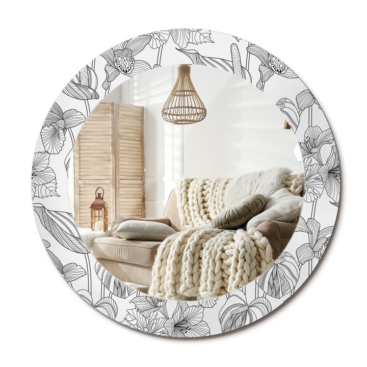 Kör Alakú Fali Tükör Nyomtatással, Decormat, Virágminta, Fehér, Ø60 cm, Lakásdíszítő Fali Tükör,, 010090550090300013162