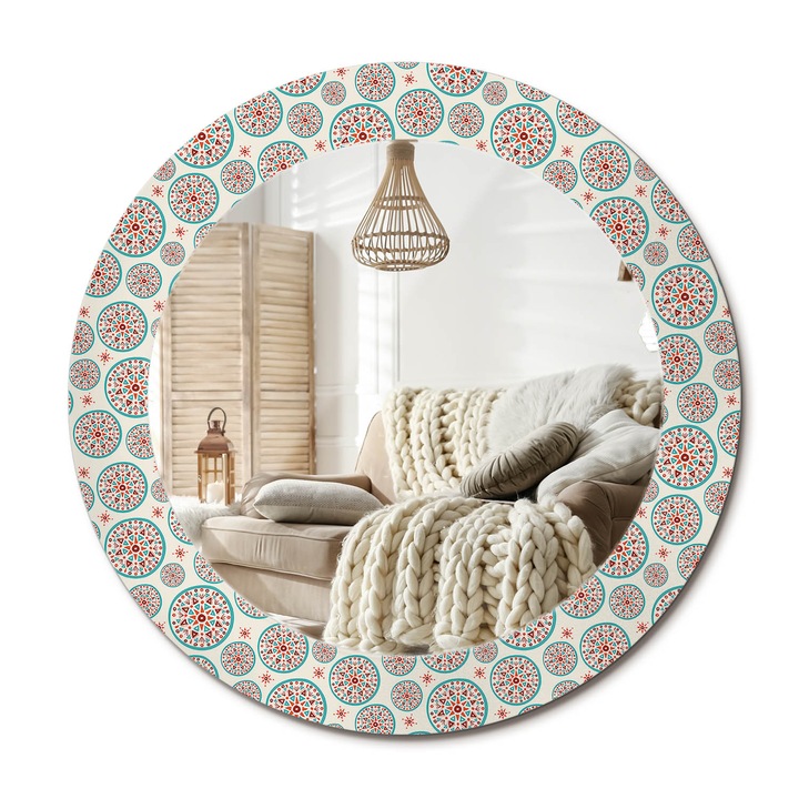 Kerek Fali Tükör Grafikával, Decormat, Bohém Minta, Többszínű, Ø60 cm, Különleges Kiegészítő Szobába,, 010090550090300012780