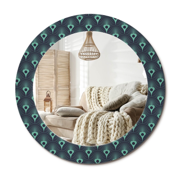 Kör Alakú Fali Tükör Nyomtatással, Decormat, Virágminta, Zöld, Ø60 cm, Lakásdíszítő Fali Tükör,, 010090550090300012836