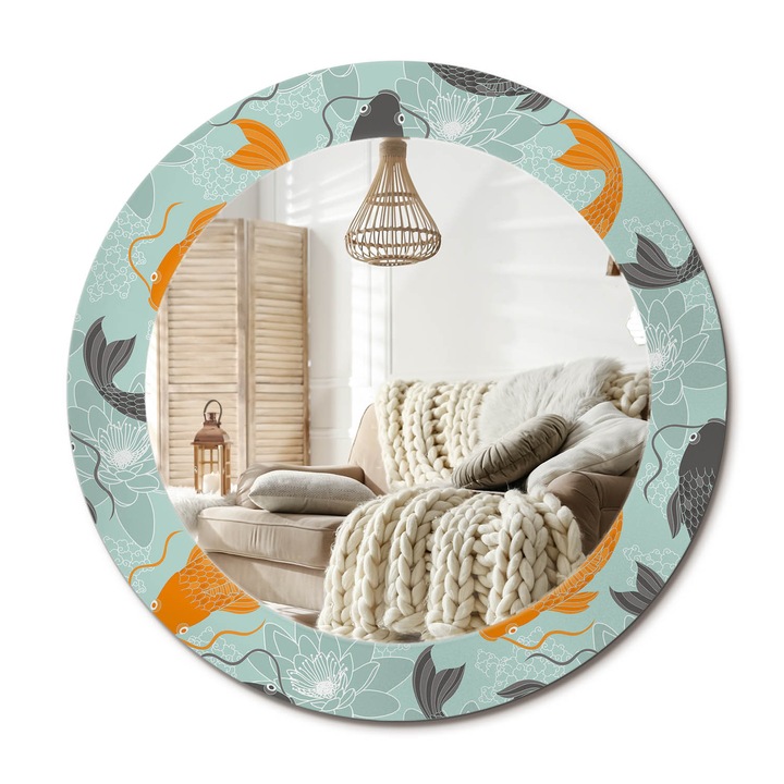 Kerek Tükör Kerettel És Nyomtatott Mintával, Decormat, Koi Ponty, Narancssárga, Ø60 cm, Beltéri Dekorációs Elem,, 010090550090300013087