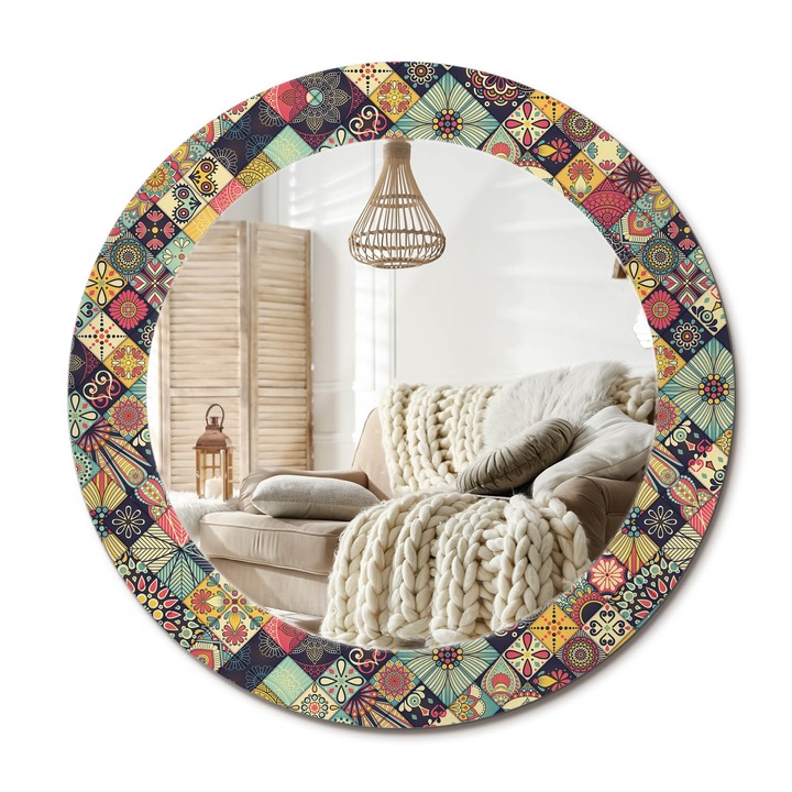 Kerek Fali Tükör Nyomtatott Mintával, Decormat, Foltvarrásos Csempék, Többszínű, Ø60 cm, Nappali Szoba Díszítésére,, 010090550090300013179
