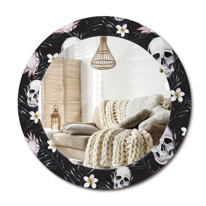Kör Alakú Tükör Mintával, Decormat, Koponya Virágok, Többszínű, Ø60 cm, Stílusos Fali Dekoráció,, 010090550090300010896