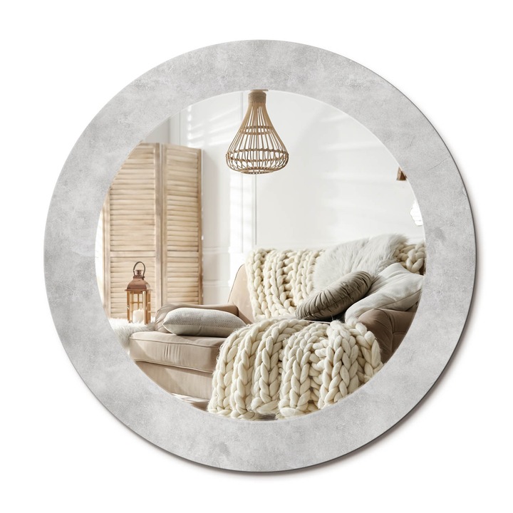 Kerek Tükör Grafikával, Decormat, Beton Textúra, Szürke, Ø60 cm, Sminkeléshez És Borotválkozáshoz,, 010090550090300020865