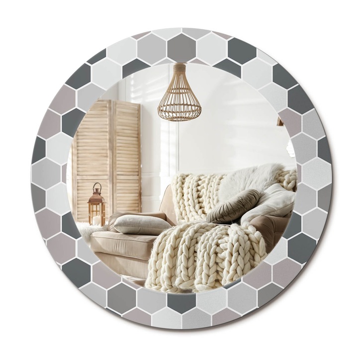 Kerek Fali Tükör Grafikával, Decormat, Hatszögletű Minta, Szürke, Ø60 cm, Különleges Kiegészítő Szobába,, 010090550090300020825
