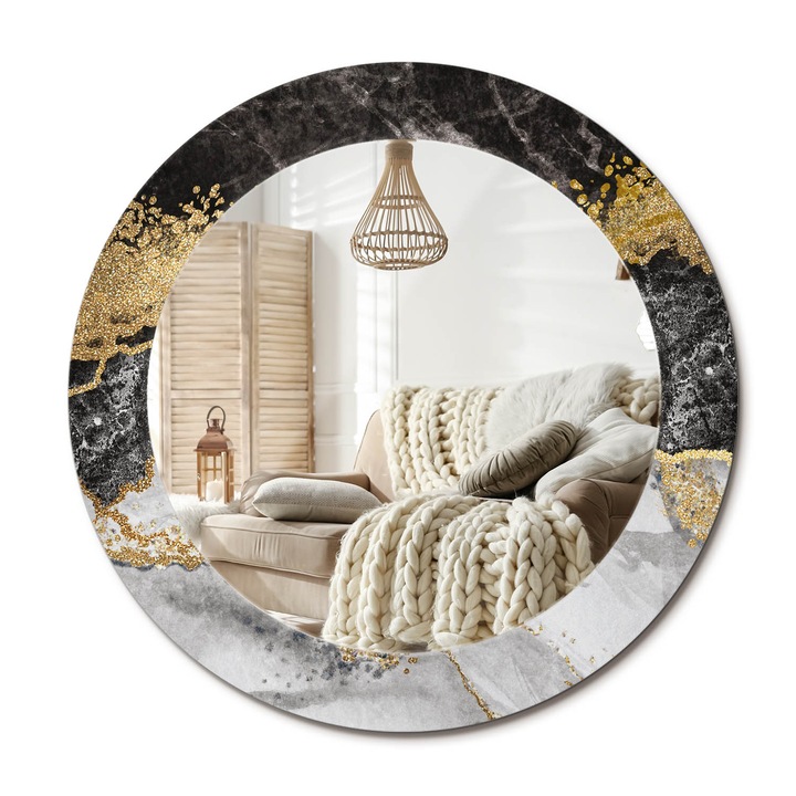 Kerek Tükör Grafikával, Decormat, Márványpadlás, Aranyszín, Ø60 cm, Sminkeléshez És Borotválkozáshoz,, 010090550090300020883