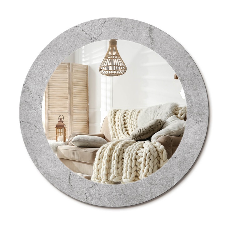 Kör Alakú Tükör Mintával, Decormat, Szürke Cement, Szürke, Ø60 cm, Stílusos Fali Dekoráció,, 010090550090300020886
