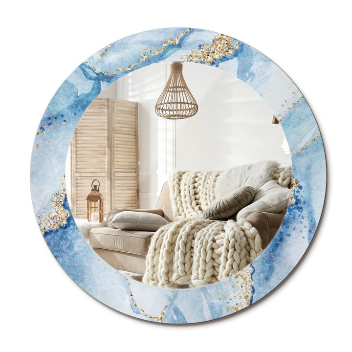 Kör Tükör Grafikai Mintával, Decormat, Kék Márvány, Aranyszín, Ø60 cm, Előszobába És Folyosóra,, 010090550090300020891
