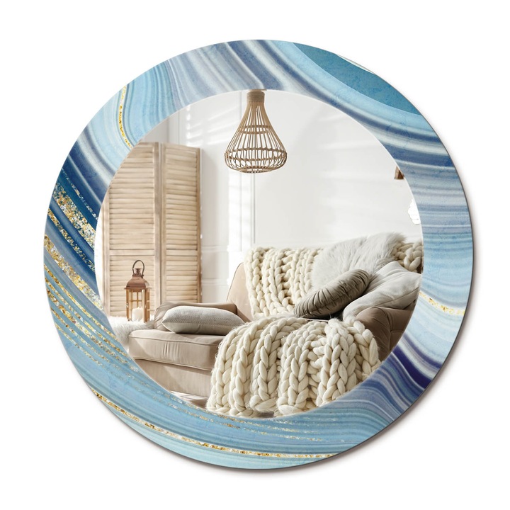 Kör Alakú Fali Tükör Nyomtatással, Decormat, Kék Márvány, Aranyszín, Ø60 cm, Lakásdíszítő Fali Tükör,, 010090550090300020890