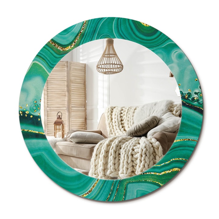 Kerek Tükör Grafikával, Decormat, Achát Márvány, Aranyszín, Ø60 cm, Sminkeléshez És Borotválkozáshoz,, 010090550090300020894