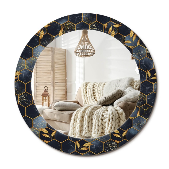 Kör Alakú Fali Tükör Nyomtatással, Decormat, Hatszögletű Márvány, Aranyszín, Ø60 cm, Lakásdíszítő Fali Tükör,, 010090550090300020918