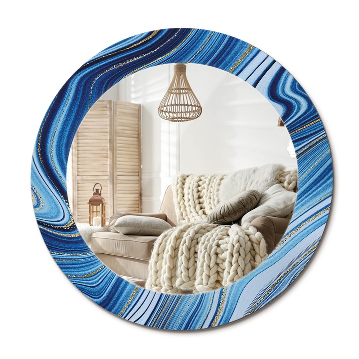 Kerek Fali Tükör Nyomtatott Mintával, Decormat, Márvány Folyó, Aranyszín, Ø60 cm, Nappali Szoba Díszítésére,, 010090550090300020892