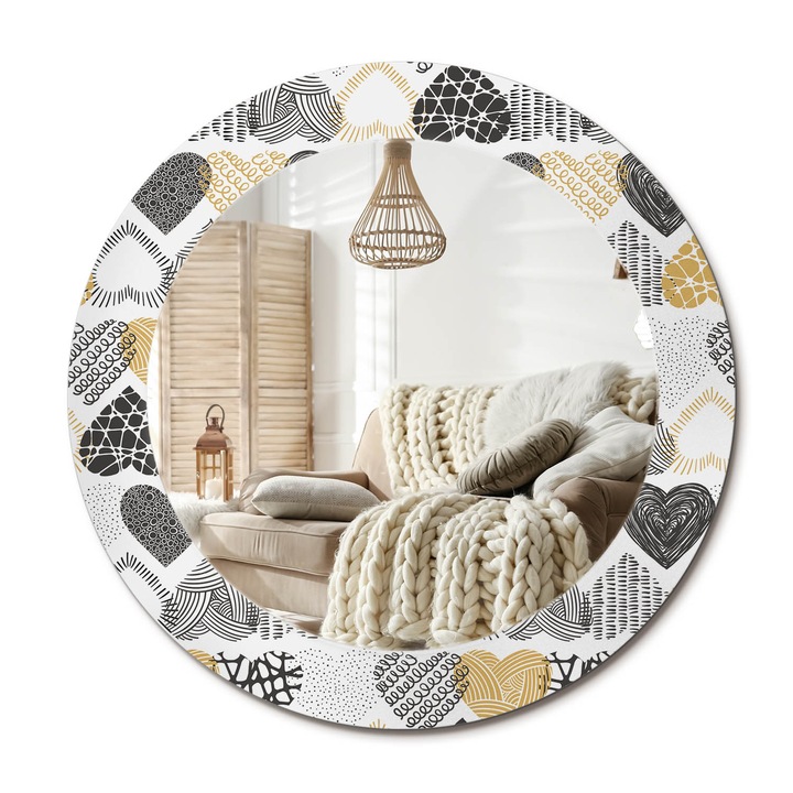 Kerek Tükör Kerettel És Nyomtatott Mintával, Decormat, Szívek Firka Stílusban, Fehér, Ø60 cm, Beltéri Dekorációs Elem,, 010090550090300020913