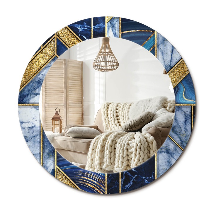 Kör Alakú Tükör Mintával, Decormat, Modern Márvány, Aranyszín, Ø60 cm, Stílusos Fali Dekoráció,, 010090550090300020906