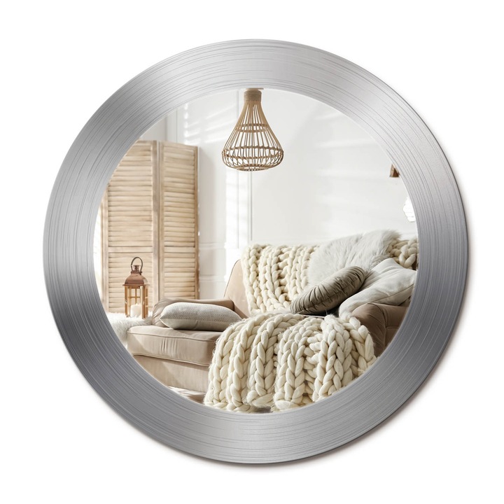 Kerek Fali Tükör Grafikával, Decormat, Fémutánzat, Ezüstszín, Ø60 cm, Különleges Kiegészítő Szobába,, 010090550090300072555