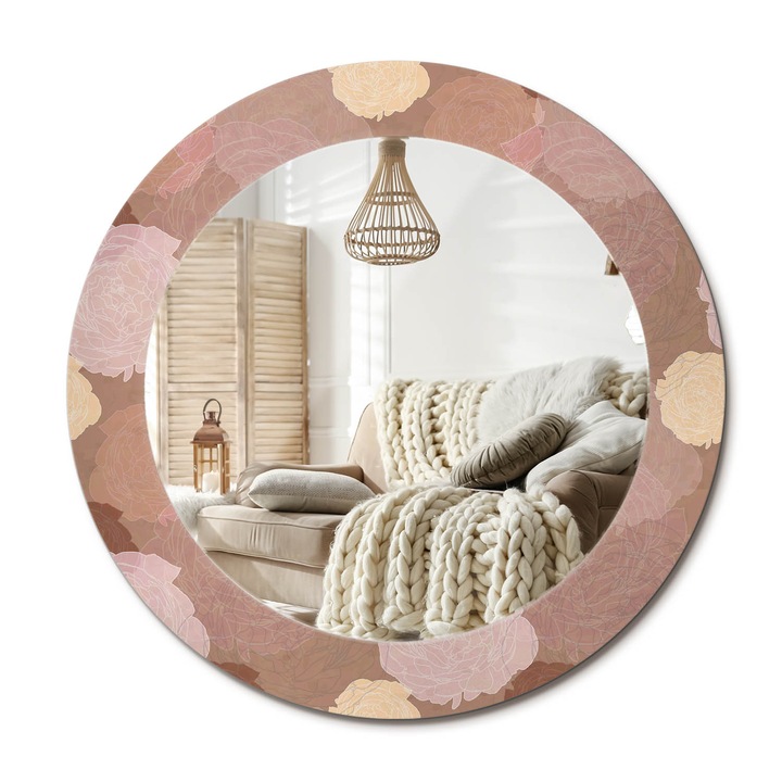 Kerek Fali Tükör Nyomtatott Mintával, Decormat, Rózsa Kompozíció, Bézs, Ø60 cm, Nappali Szoba Díszítésére,, 010090550090300072559