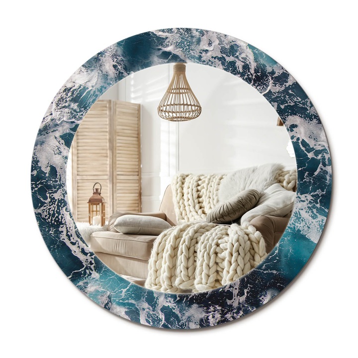 Kerek Fali Tükör Grafikával, Decormat, Viharos Tenger, Kék, Ø60 cm, Különleges Kiegészítő Szobába,, 010090550090300072564