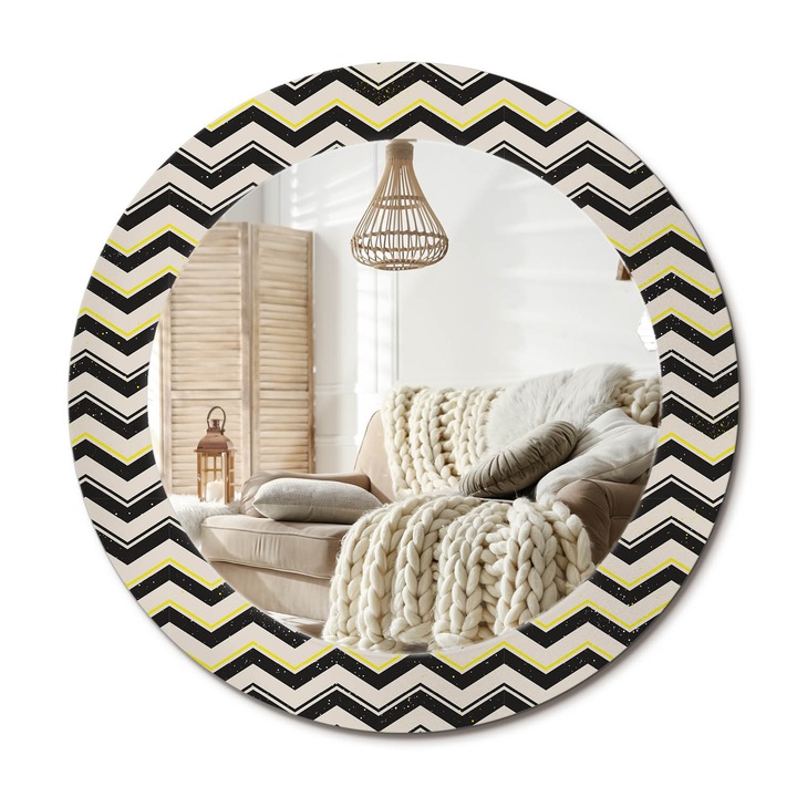 Kerek Tükör Grafikával, Decormat, Cikcakk Minta, Krémszín, Ø60 cm, Sminkeléshez És Borotválkozáshoz,, 010090550090300072570