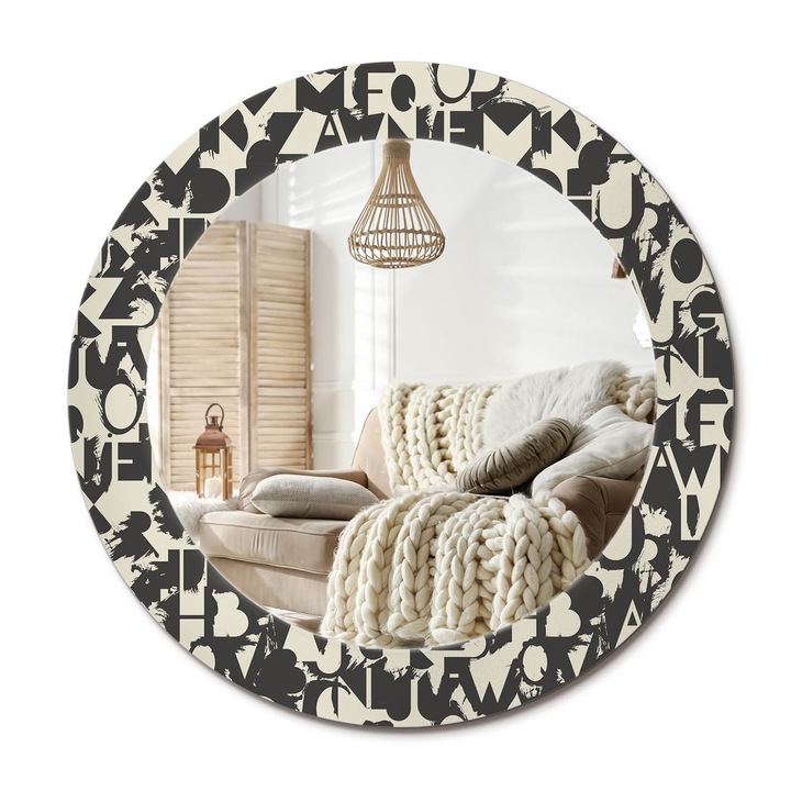 Kerek Tükör Kerettel És Nyomtatott Mintával, Decormat, Levelek, Krémszín, Ø60 cm, Beltéri Dekorációs Elem,, 010090550090300072574