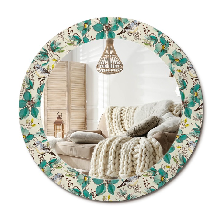 Kör Alakú Fali Tükör Nyomtatással, Decormat, Virágok És Madarak, Türkiz, Ø60 cm, Lakásdíszítő Fali Tükör,, 010090550090300031217