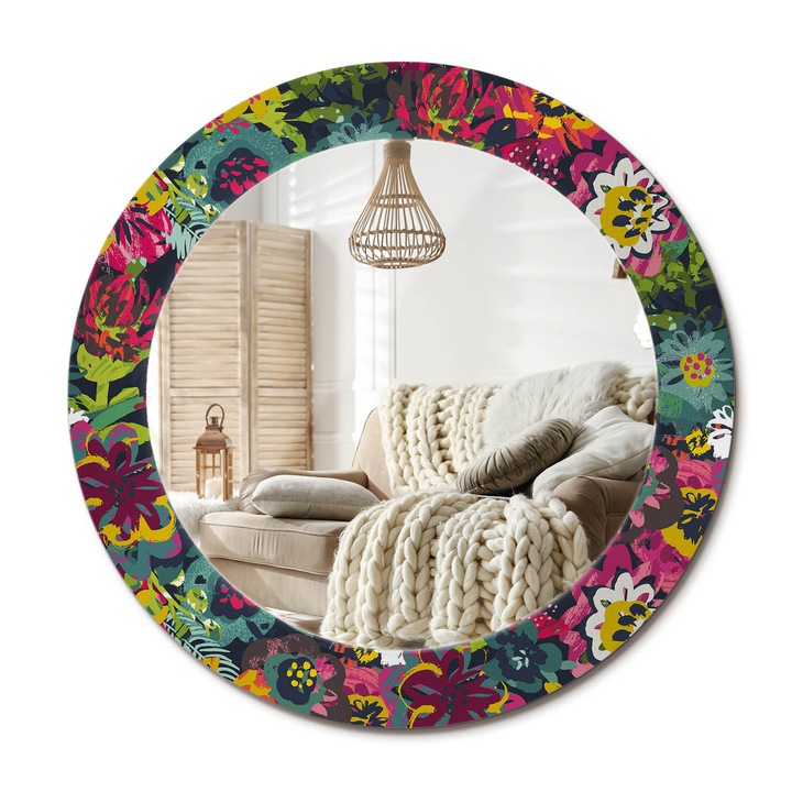 Kerek Fali Tükör Nyomtatott Mintával, Decormat, Festett Virágok, Többszínű, Ø60 cm, Nappali Szoba Díszítésére,, 010090550090300072594