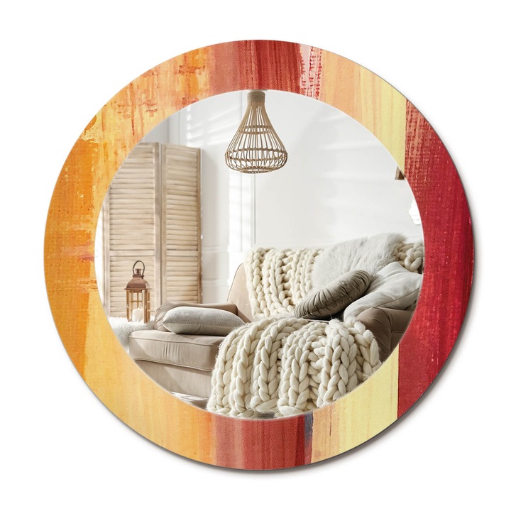 Kerek Fali Tükör Grafikával, Decormat, Absztrakt Festészet, Piros, Ø60 cm, Különleges Kiegészítő Szobába,, 010090550090300072608