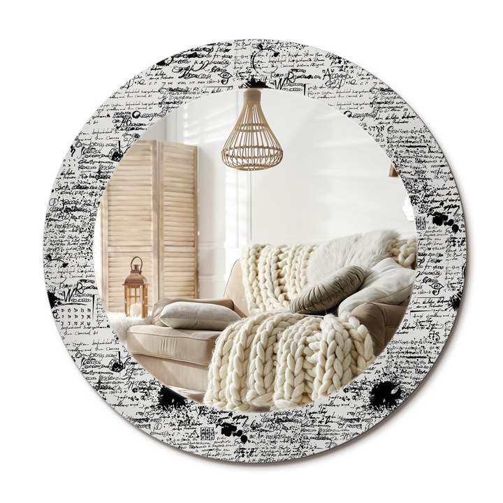 Kör Tükör Nyomtatott Mintával, Decormat, Firkák, Fekete és fehér, Ø60 cm, Fésülködőasztalhoz És Gardróbba,, 010090550090300072606