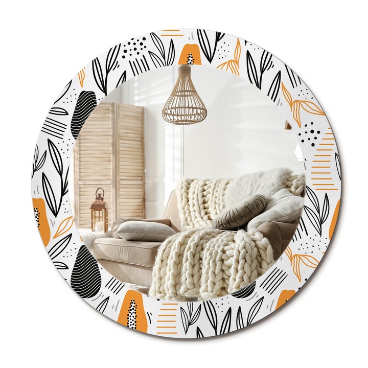Kerek Fali Tükör Grafikával, Decormat, Papayák, Narancssárga, Ø60 cm, Különleges Kiegészítő Szobába,, 010090550090300072599