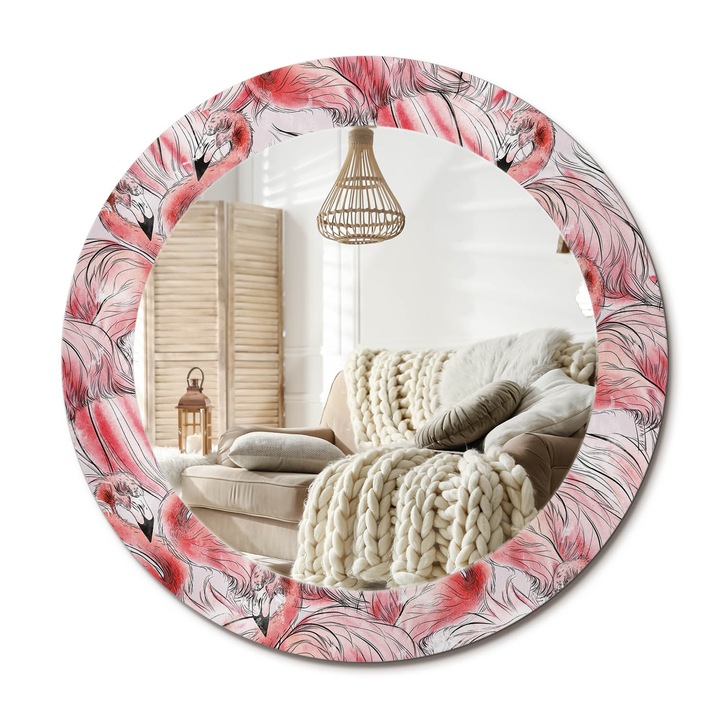 Kerek Tükör Grafikával, Decormat, Flamingók, Rózsaszín, Ø60 cm, Sminkeléshez És Borotválkozáshoz,, 010090550090300072605