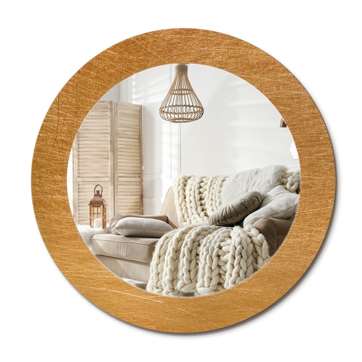 Kör Alakú Tükör Mintával, Decormat, Vintage Loft Stílus, Aranyszín, Ø60 cm, Stílusos Fali Dekoráció,, 010090550090300072607