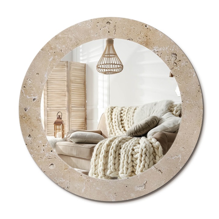Kör Alakú Tükör Mintával, Decormat, Utánzatkő, Bézs, Ø60 cm, Stílusos Fali Dekoráció,, 010090550090300047118