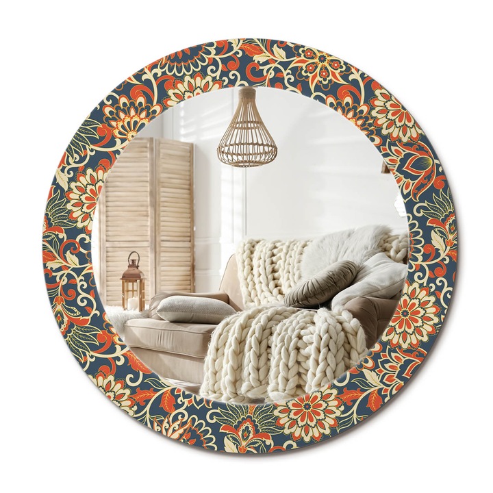 Kör Tükör Nyomtatott Mintával, Decormat, Retro Virágok, Narancssárga, Ø60 cm, Fésülködőasztalhoz És Gardróbba,, 010090550090300072623