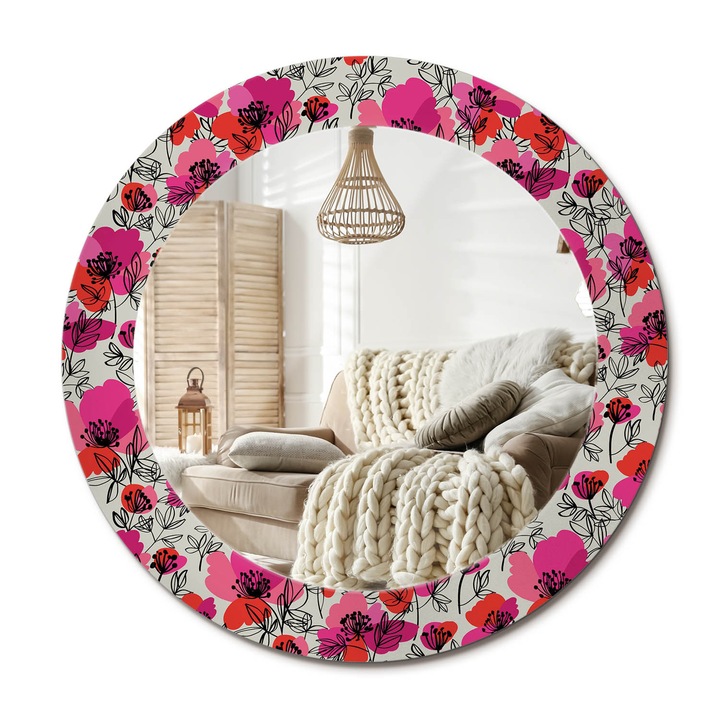 Kerek Fali Tükör Nyomtatott Mintával, Decormat, Rózsaszín Pipacsok, Piros, Ø60 cm, Nappali Szoba Díszítésére,, 010090550090300072620
