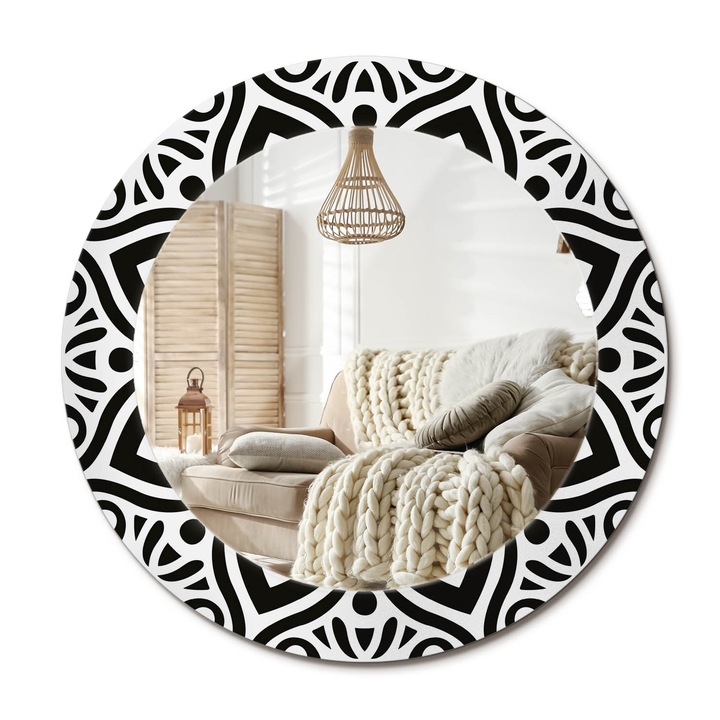 Kör Alakú Tükör Mintával, Decormat, Fekete Dísz, Fekete, Ø60 cm, Stílusos Fali Dekoráció,, 010090550090300072624