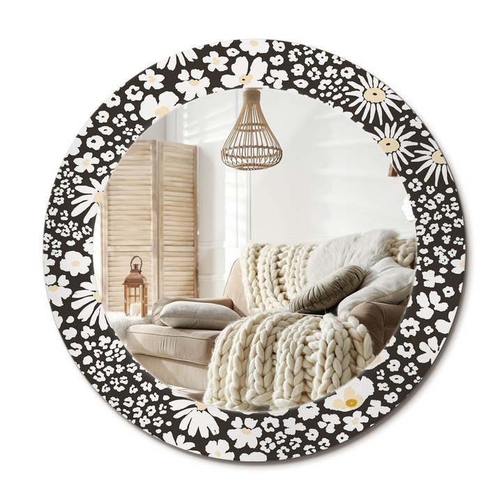 Kerek Tükör Kerettel És Nyomtatott Mintával, Decormat, Margaréták, Fekete és fehér, Ø60 cm, Beltéri Dekorációs Elem,, 010090550090300072617