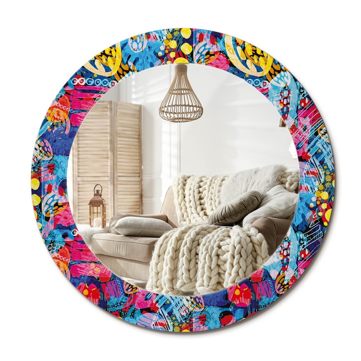 Kerek Tükör Nyomtatással, Decormat, Színes Firkák, Rózsaszín, Ø60 cm, Nappaliba És Szobába,, 010090550090300072621