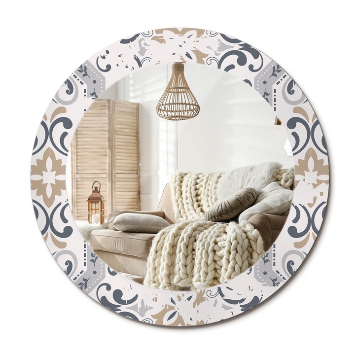 Kör Alakú Fali Tükör Nyomtatással, Decormat, Retró Csempék, Szürke, Ø60 cm, Lakásdíszítő Fali Tükör,, 010090550090300072636