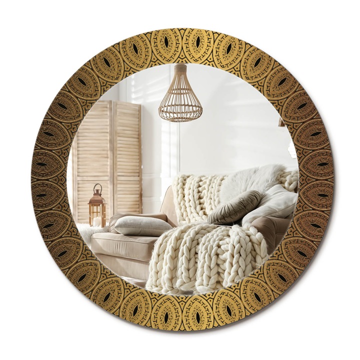 Kerek Tükör Kerettel És Nyomtatott Mintával, Decormat, Görög Dísz, Aranyszín, Ø60 cm, Beltéri Dekorációs Elem,, 010090550090300072626