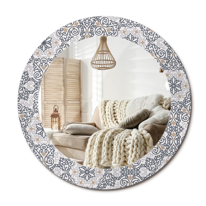 Kerek Fali Tükör Nyomtatott Mintával, Decormat, Geometriai Díszek, Szürke, Ø60 cm, Nappali Szoba Díszítésére,, 010090550090300072638