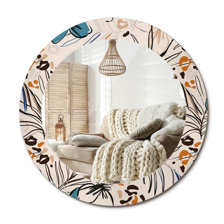 Kör Tükör Grafikai Mintával, Decormat, Dzsungelmintás Virágok, Krémszín, Ø60 cm, Előszobába És Folyosóra,, 010090550090300072628