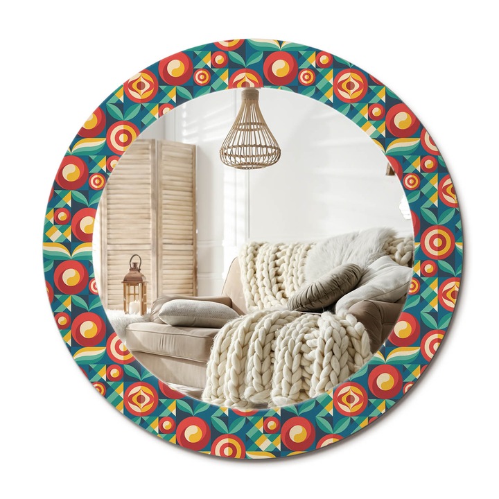 Kerek Fali Tükör Nyomtatott Mintával, Decormat, Geometrikus Gyümölcsök És Levelek, Többszínű, Ø60 cm, Nappali Szoba Díszítésére,, 010090550090300072629