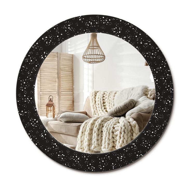 Kerek Fali Tükör Grafikával, Decormat, Kaotikus Pontok, Fekete, Ø60 cm, Különleges Kiegészítő Szobába,, 010090550090300072634