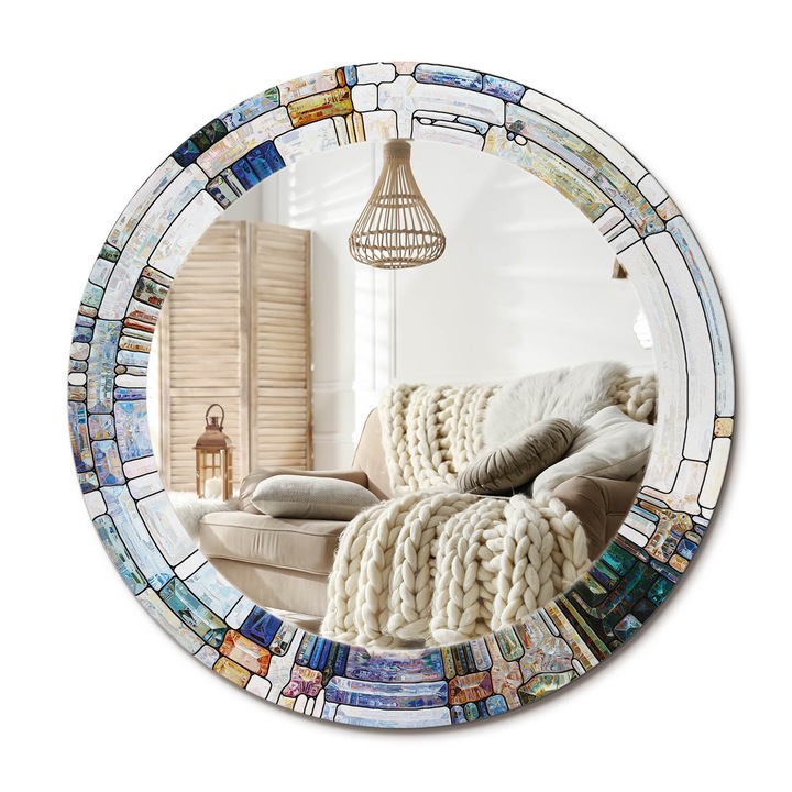 Kör Tükör Nyomtatott Mintával, Decormat, Ólomüveg, Krémszín, Ø60 cm, Fésülködőasztalhoz És Gardróbba,, 010090550090300072641