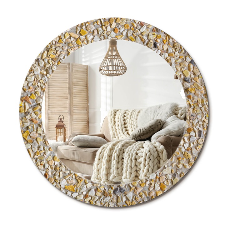 Kerek Tükör Kerettel És Nyomtatott Mintával, Decormat, Terrazzo Minta, Sárga, Ø60 cm, Beltéri Dekorációs Elem, 010090550090300072653