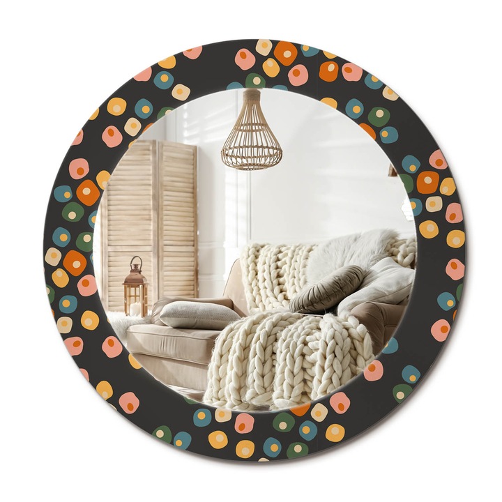 Kerek Tükör Grafikával, Decormat, Virágpöttyök, Narancssárga, Ø60 cm, Sminkeléshez És Borotválkozáshoz,, 010090550090300072649