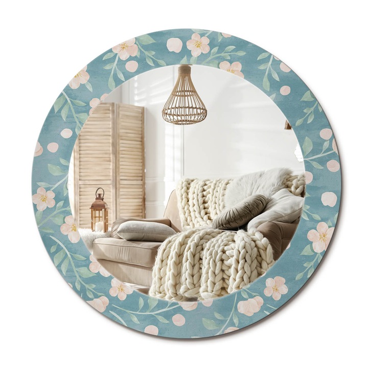 Kör Tükör Nyomtatott Mintával, Decormat, Virágminta, Kék, Ø60 cm, Fésülködőasztalhoz És Gardróbba,, 010090550090300029446