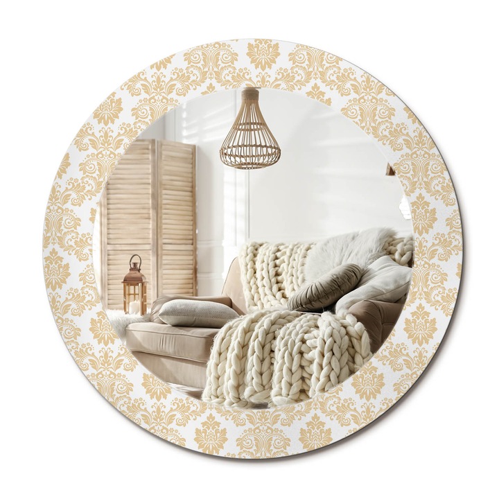 Kerek Tükör Kerettel És Nyomtatott Mintával, Decormat, Barokk Minta, Bézs, Ø60 cm, Beltéri Dekorációs Elem,, 010090550090300053978