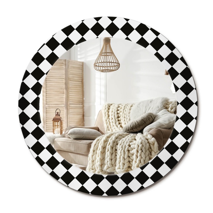 Kör Alakú Tükör Mintával, Decormat, Sakkasztal, Fekete, Ø60 cm, Stílusos Fali Dekoráció,, 010090550090300020945