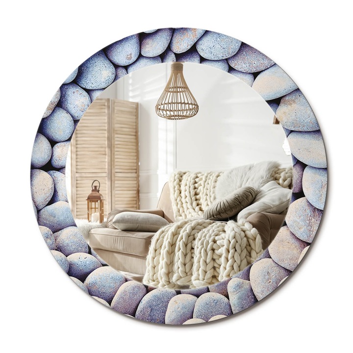 Kör Alakú Fali Tükör Nyomtatással, Decormat, Tengeri Kövek Köre, Kék, Ø60 cm, Lakásdíszítő Fali Tükör,, 010090550090300000283